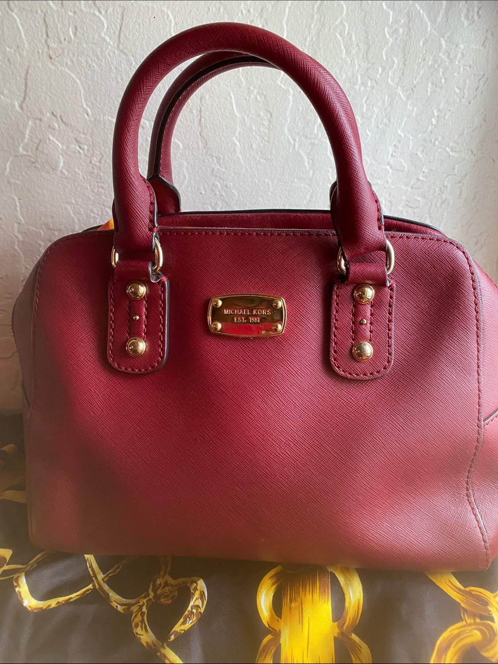 Michael Kors Wine Saffiano Leather Satchel with Gold Hardware